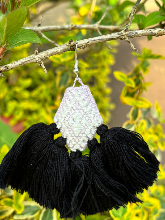 White and Black PomPom Earrings