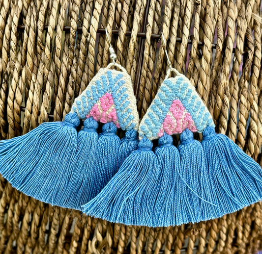 Blue and Off-White PomPom Earrings