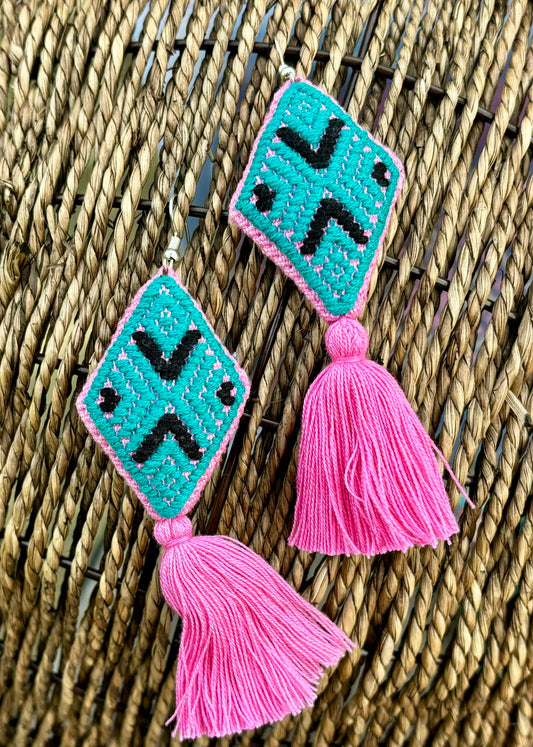 Blue and Pink PomPom Earrings