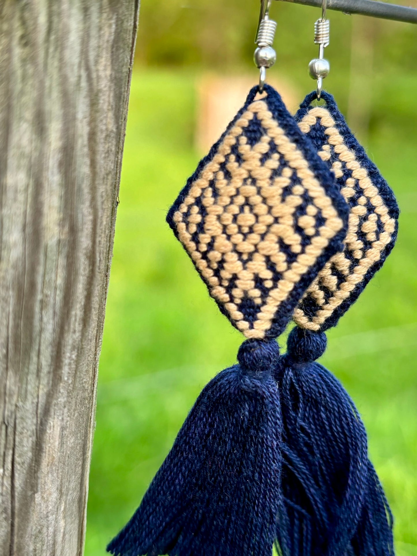 Navy PomPom Earrings