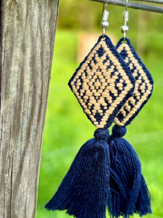 Navy PomPom Earrings