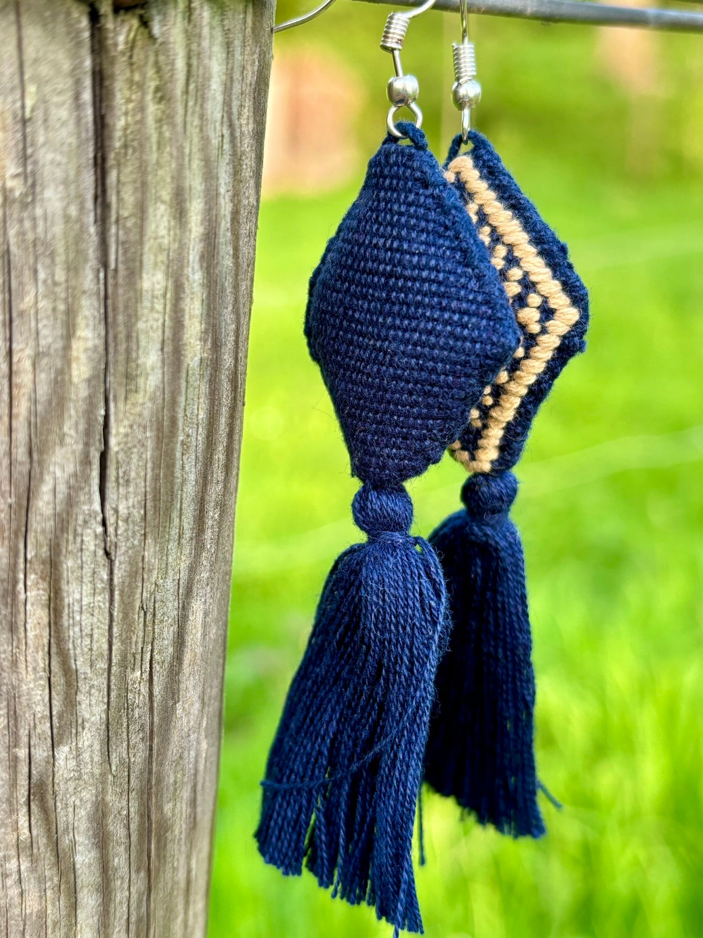 Navy PomPom Earrings