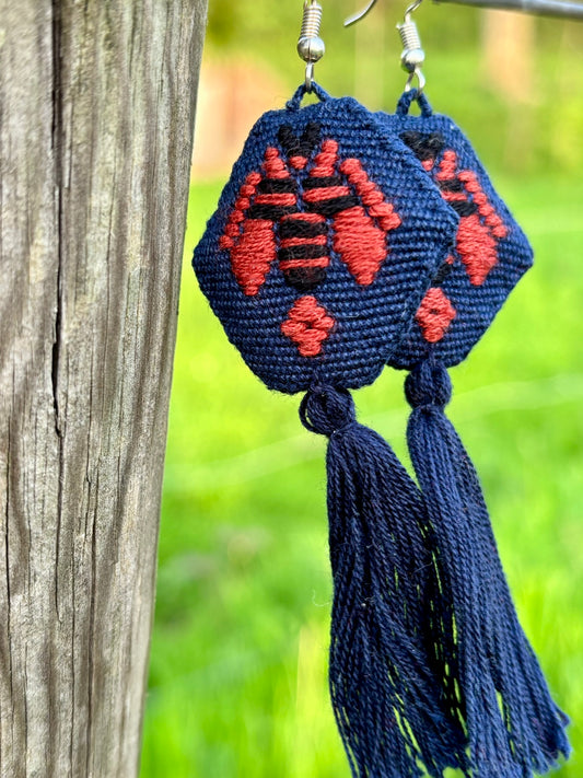 Navy and Orange PomPom Earrings