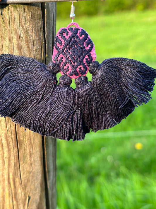 Black and Pink PomPom Earrings