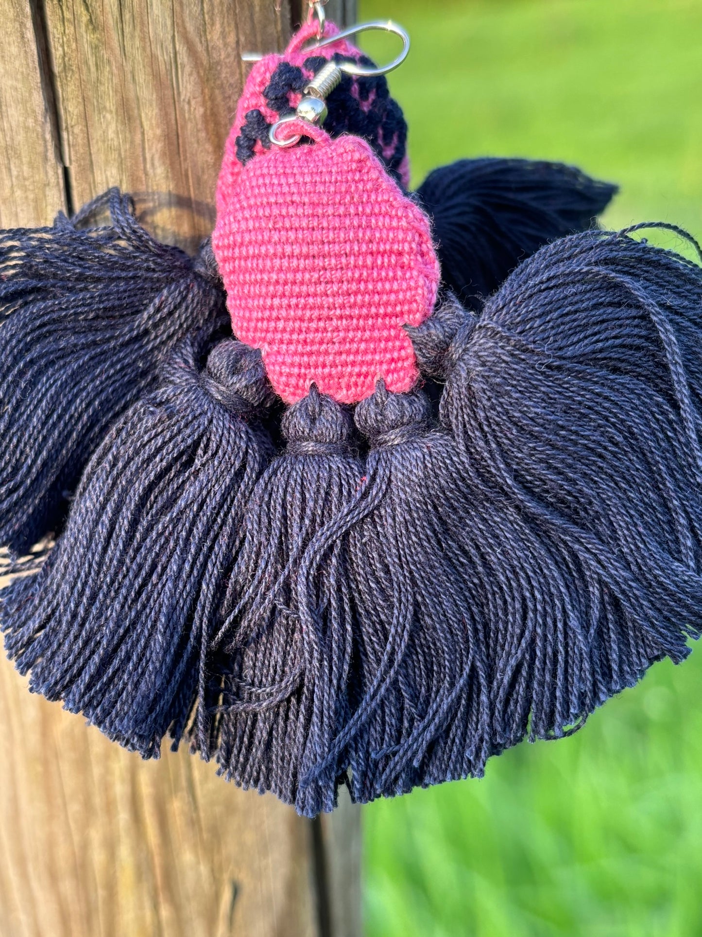 Black and Pink PomPom Earrings