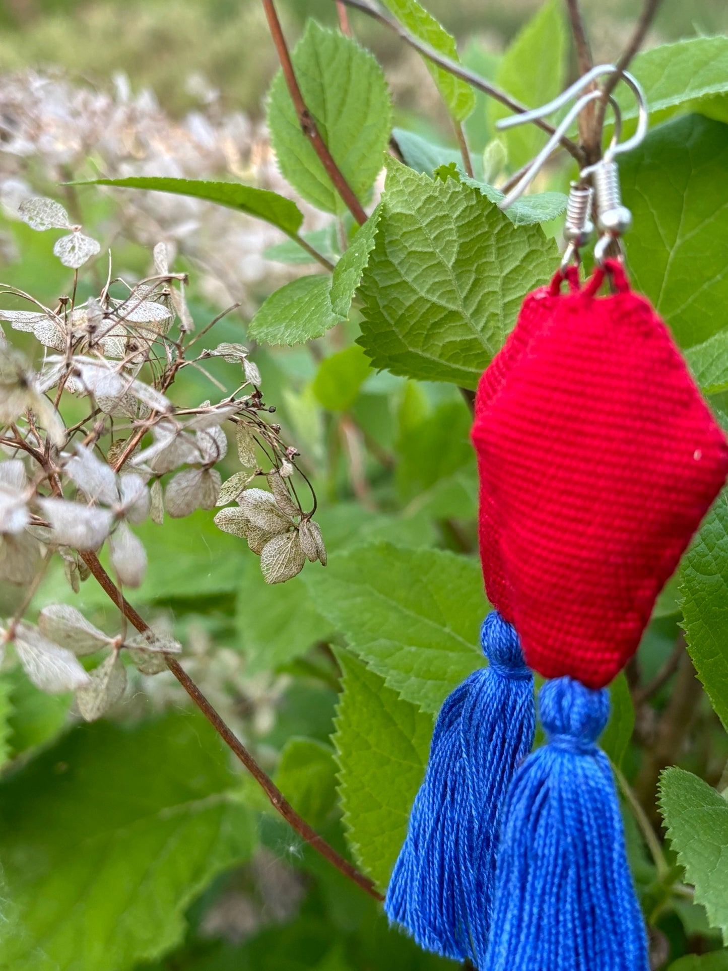 Red and Blue PomPom Earrings