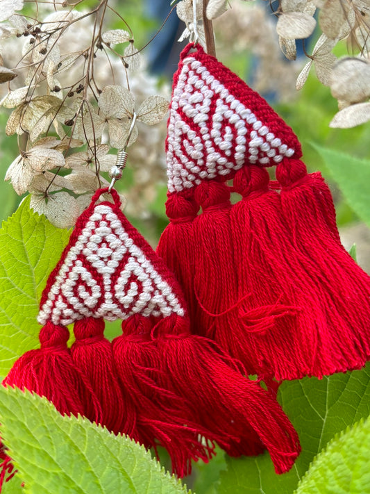 Red and White PomPom Earrings