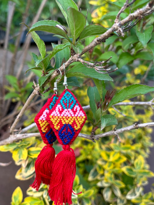 Red and multicolored PomPom Earrings