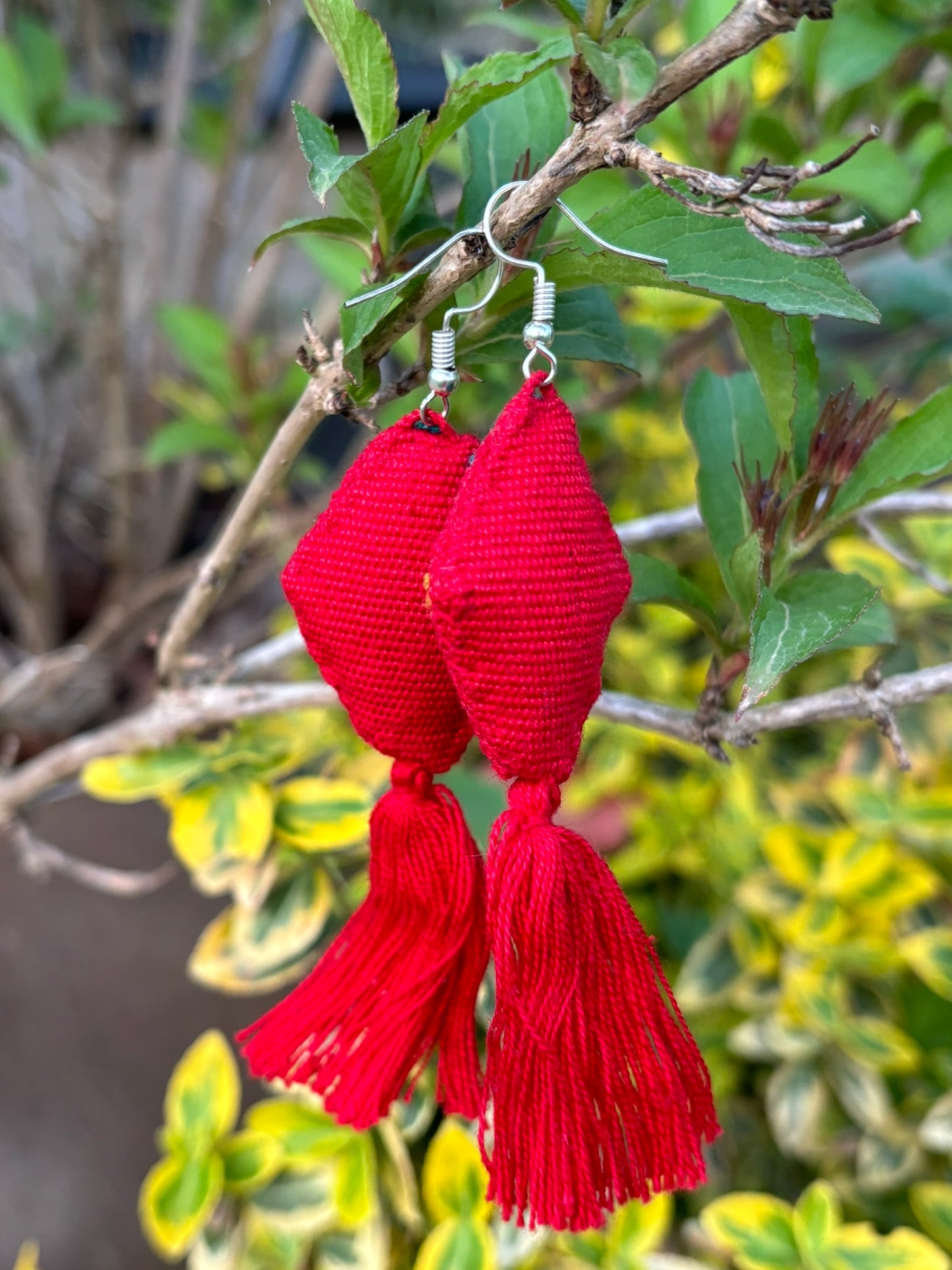 Red and multicolored PomPom Earrings