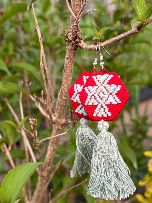 Grey and Red PomPom Earrings