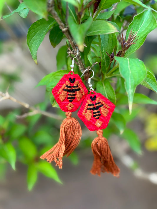 Ochre and Red PomPom Earrings