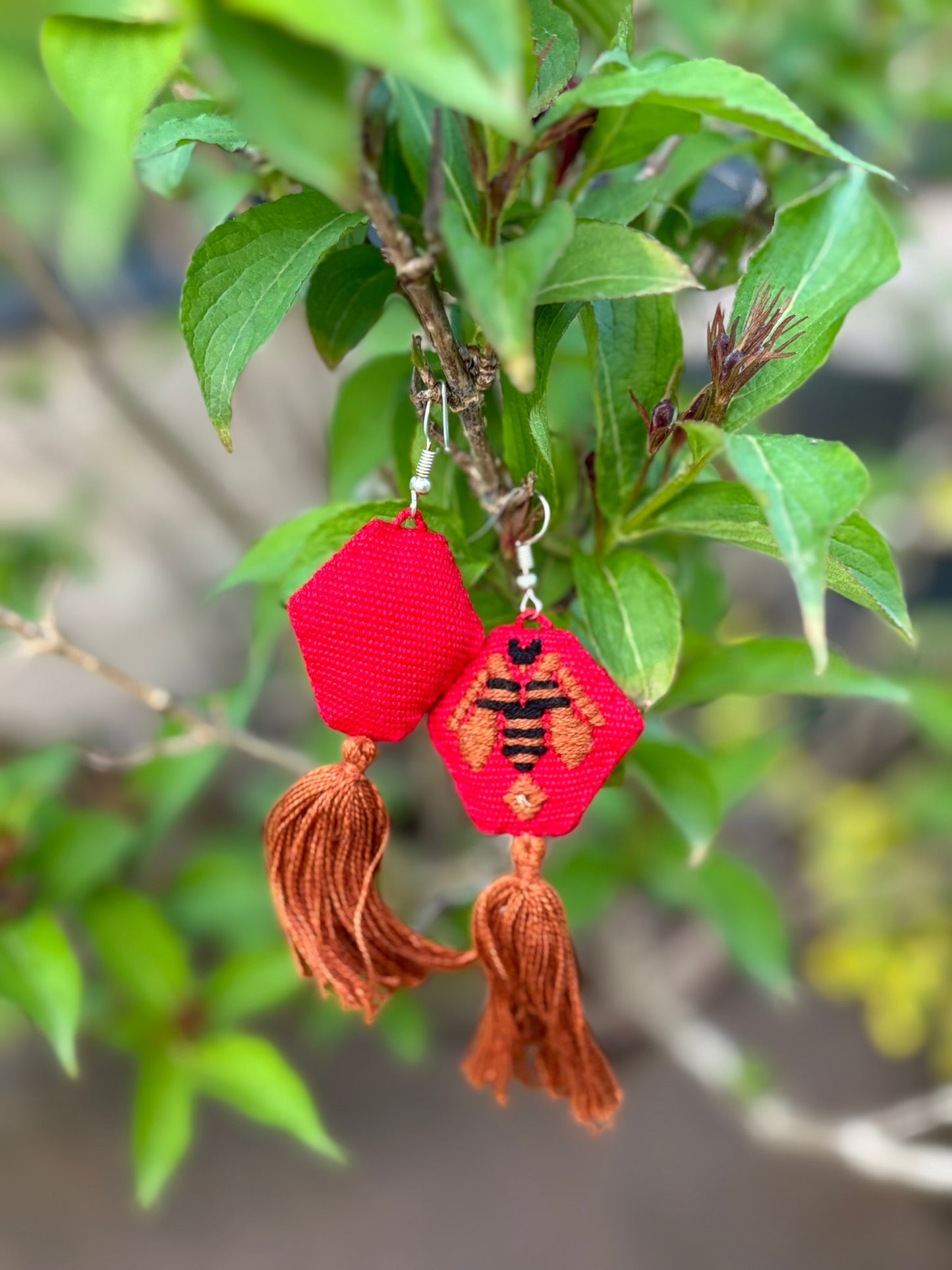 Ochre and Red PomPom Earrings